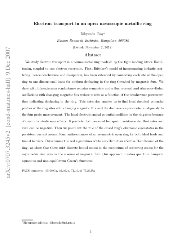 (PDF) Electron transport in an open mesoscopic metallic ring | Dibyendu ...