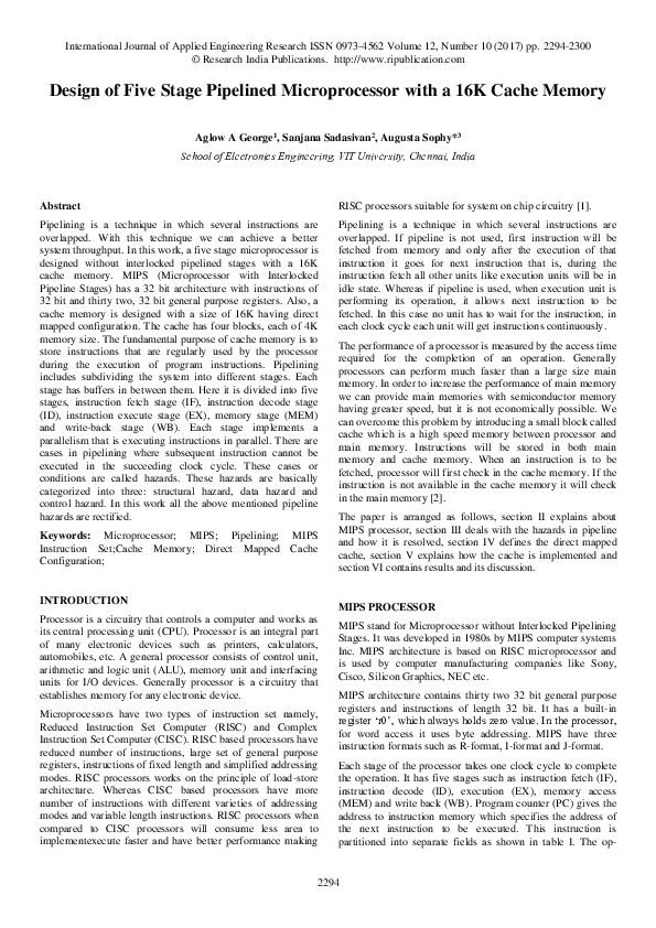 (PDF) Design of Five Stage Pipelined Microprocessor with a 16K Cache Memory