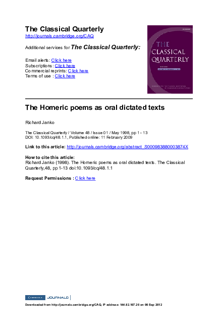(PDF) The Homeric poems as oral dictated texts