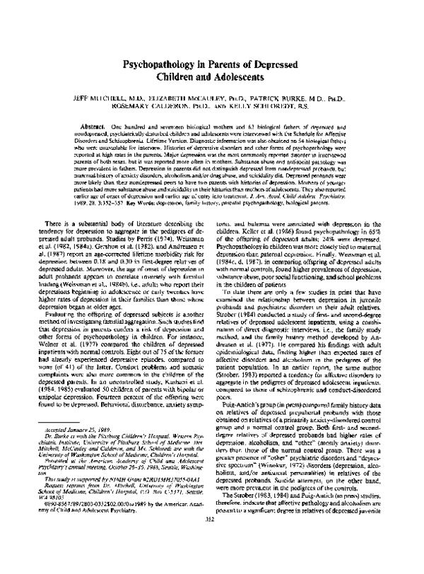 (PDF) Psychopathology in Parents of Depressed Children and Adolescents