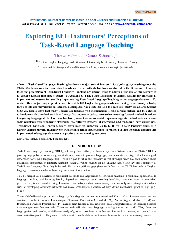 (PDF) Exploring EFL Instructors’ Perceptions of Task-Based Language ...