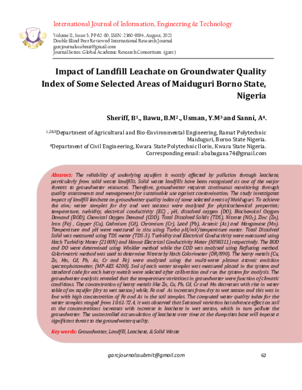 (PDF) Impact of Landfill Leachate on Groundwater Quality Index of Some ...