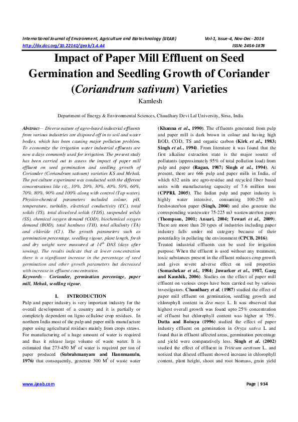 (PDF) Impact of Paper Mill Effluent on Seed Germination and Seedling ...