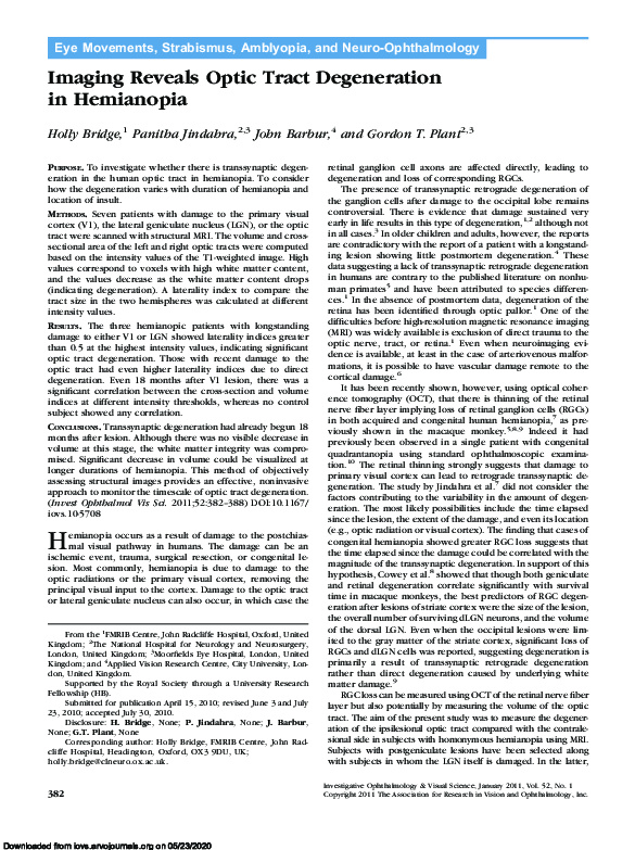 (PDF) Imaging Reveals Optic Tract Degeneration in Hemianopia J. Barbur Academia.edu