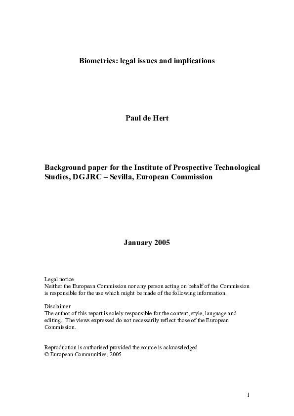 (PDF) Biometrics legal issues and implications paul de hert