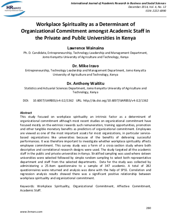 (PDF) Workplace Spirituality as a Determinant of Organizational ...