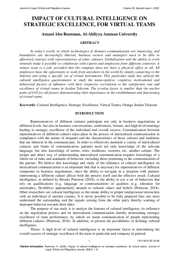 (PDF) IMPACT OF CULTURAL INTELLIGENCE ON STRATEGIC EXCELLENCE, FOR ...