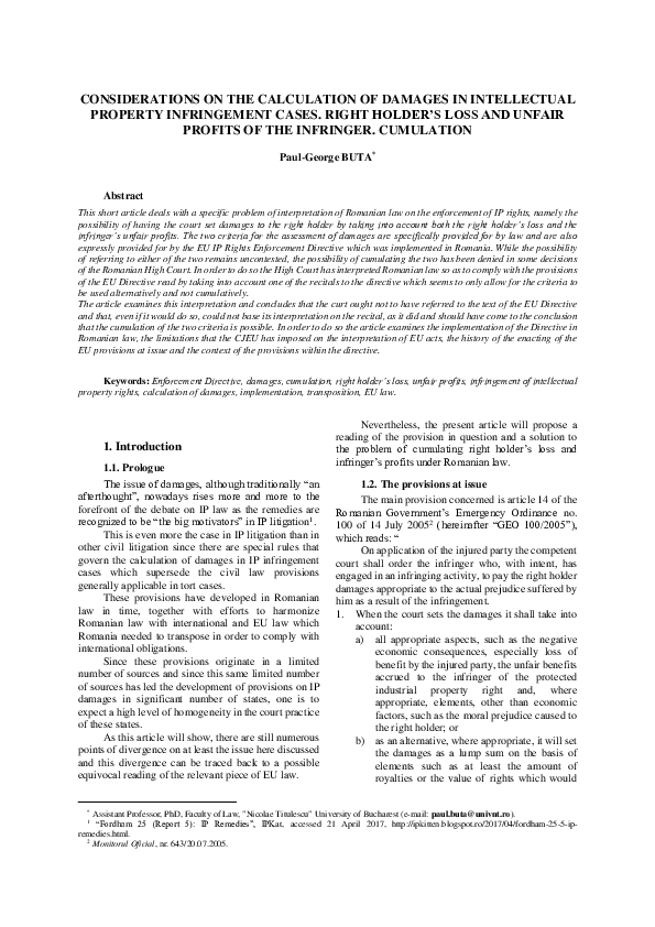 (PDF) Considerations on the Calculation of Damages in Intellectual ...