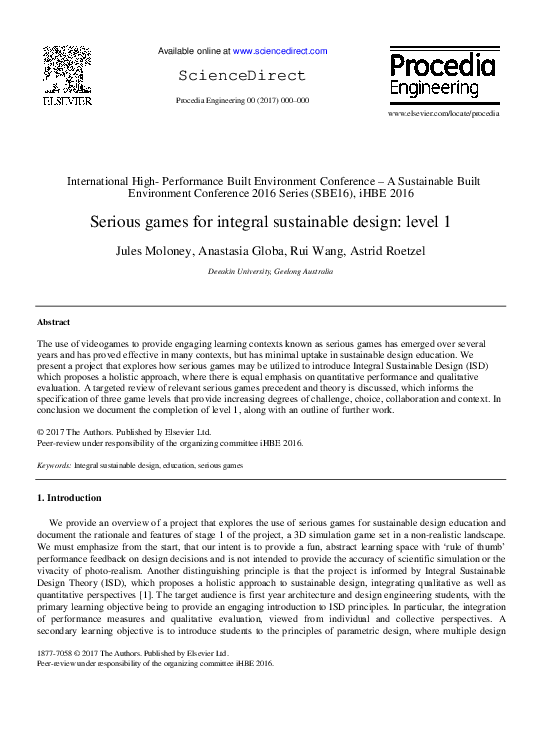 (PDF) Serious Games for Integral Sustainable Design: Level 1