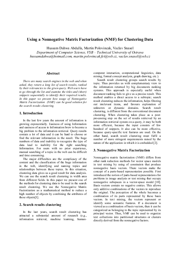 (PDF) Using a Nonnegative Matrix Factorization (NMF) for Clustering Data