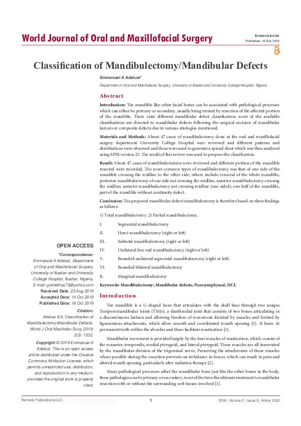 (PDF) Classification of Mandibulectomy/Mandibular Defects emmanuel