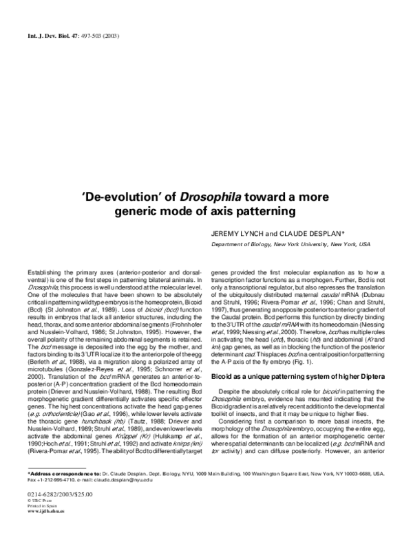 (PDF) De-evolution' of Drosophila toward a more generic mode of axis ...