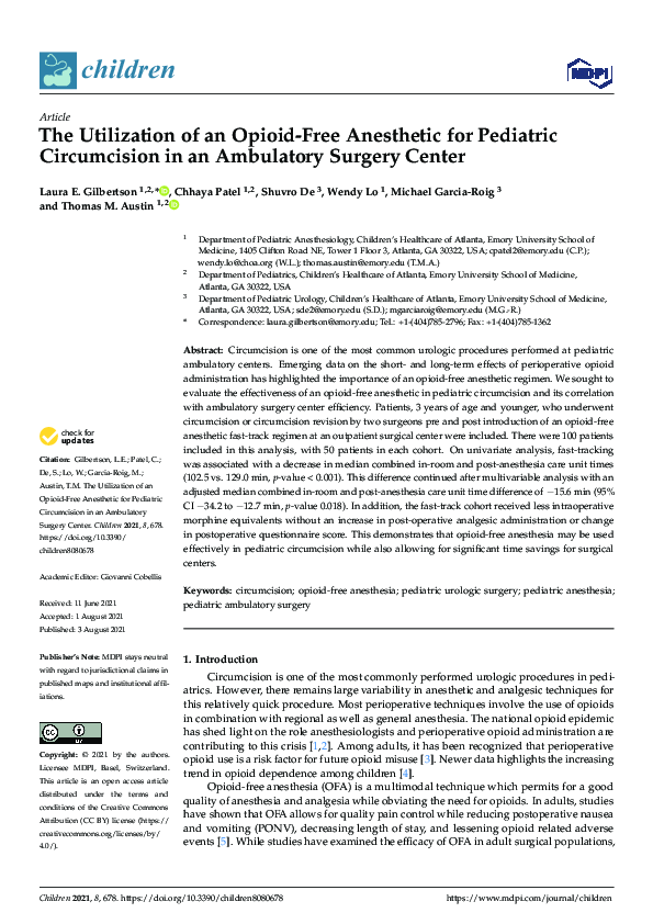 (PDF) The Utilization of an OpioidFree Anesthetic for Pediatric Circumcision in an Ambulatory