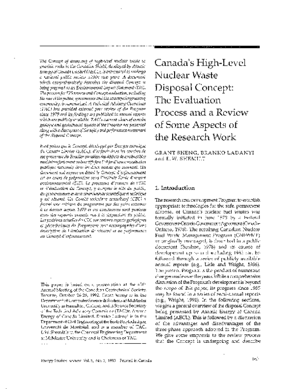 (PDF) Canada's HighLevel Nuclear Waste Disposal Concept The