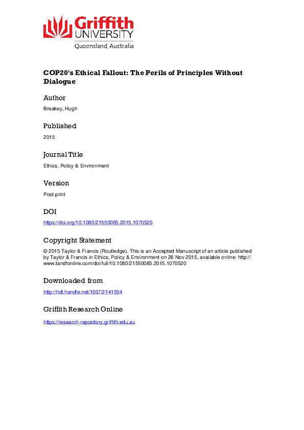 (PDF) COP20's Ethical Fallout The Perils of Principles Without Dialogue