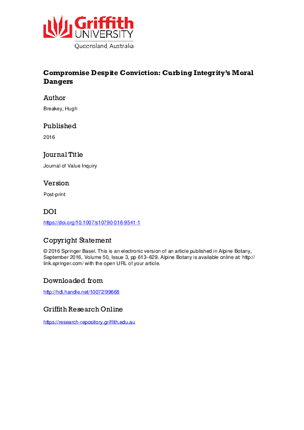(PDF) Compromise Despite Conviction: Curbing Integrity’s Moral Dangers