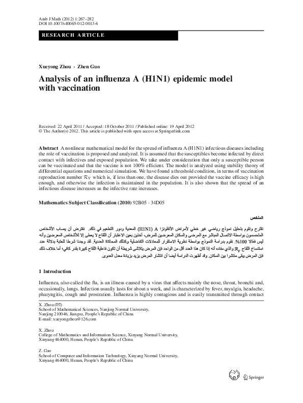 (PDF) Analysis of an influenza A (H1N1) epidemic model with vaccination