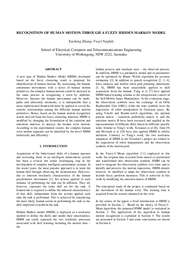 (PDF) Recognition of human motion through a fuzzy hidden Markov model