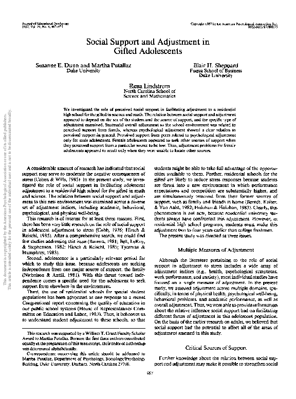 (PDF) Social support and adjustment in gifted adolescents