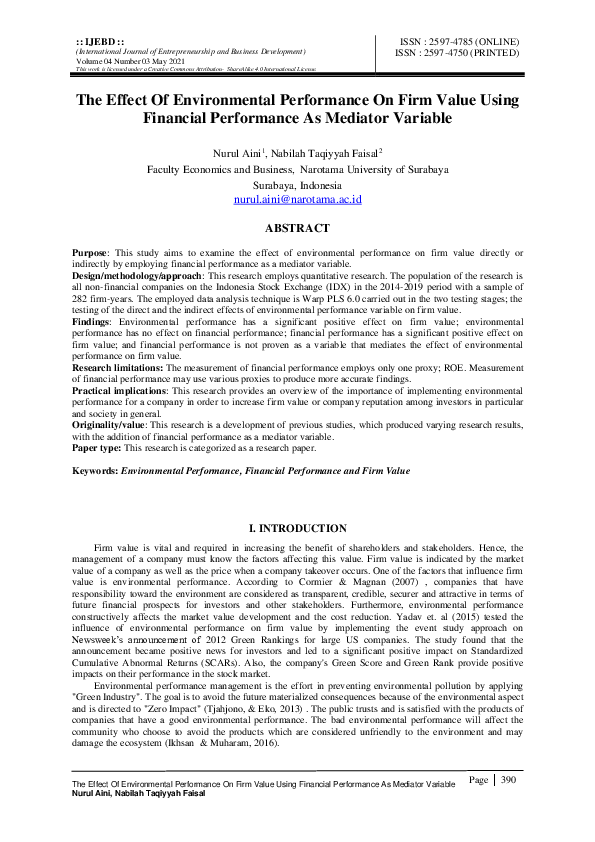 (PDF) The Effect Of Environmental Performance On Firm Value Using ...