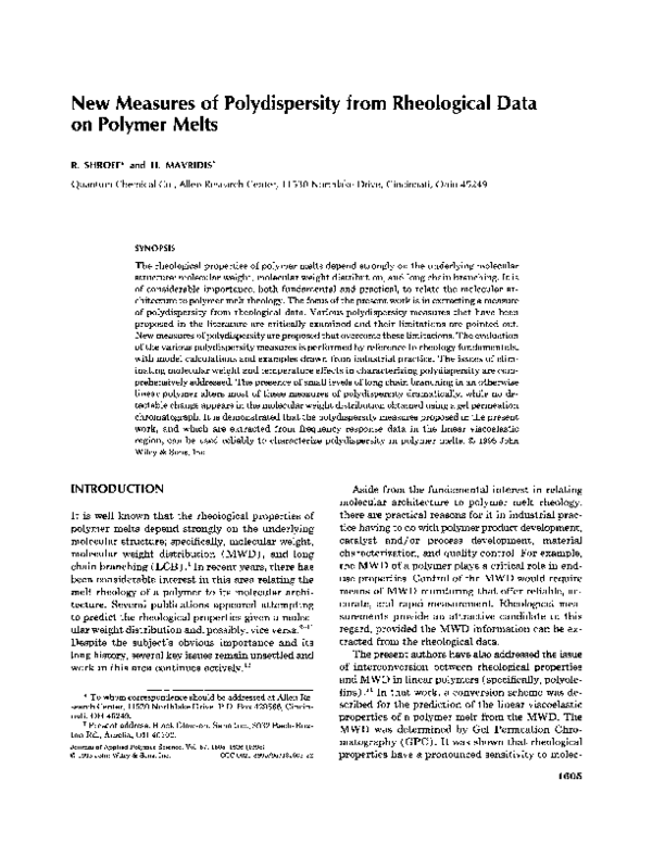 (PDF) New measures of polydispersity from rheological data on polymer melts