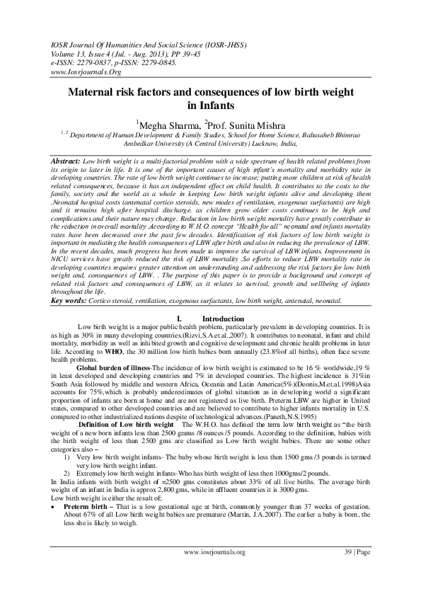 (PDF) Maternal risk factors and consequences of low birth weight in Infants