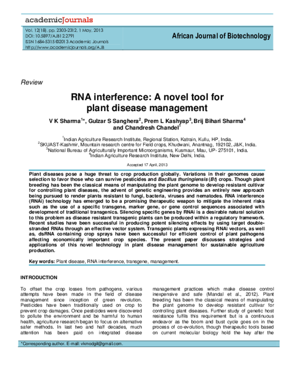 (PDF) RNA interference: A novel tool for plant disease management