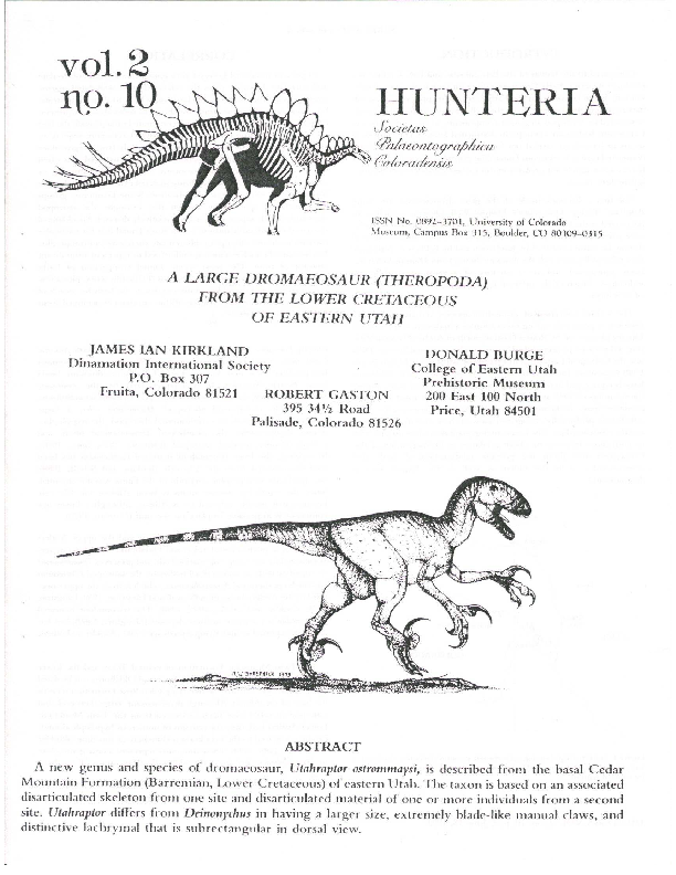 First page of “A large dromaeosaurid (Theropoda) from the Lower Cretaceous of Eastern Utah”