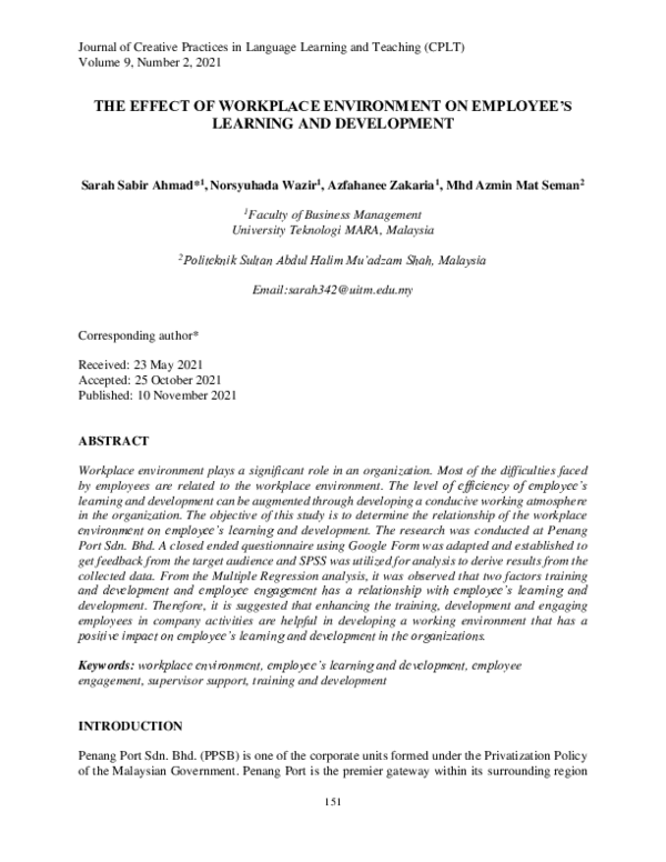 (PDF) The effect of workplace environment on employees learning and ...