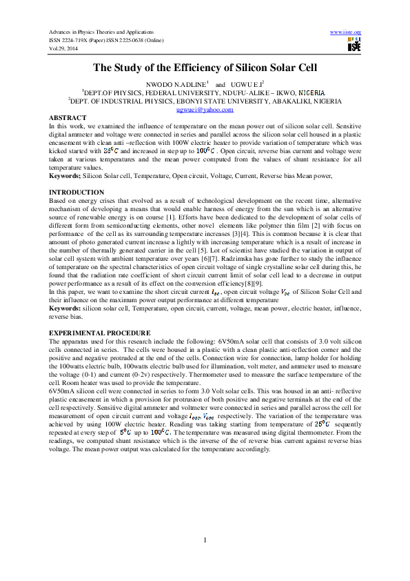 (PDF) The Study of the Efficiency of Silicon Solar Cell