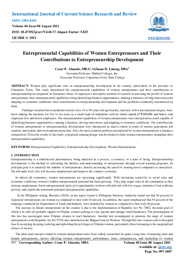 (PDF) Entrepreneurial Capabilities of Women Entrepreneurs and Their ...