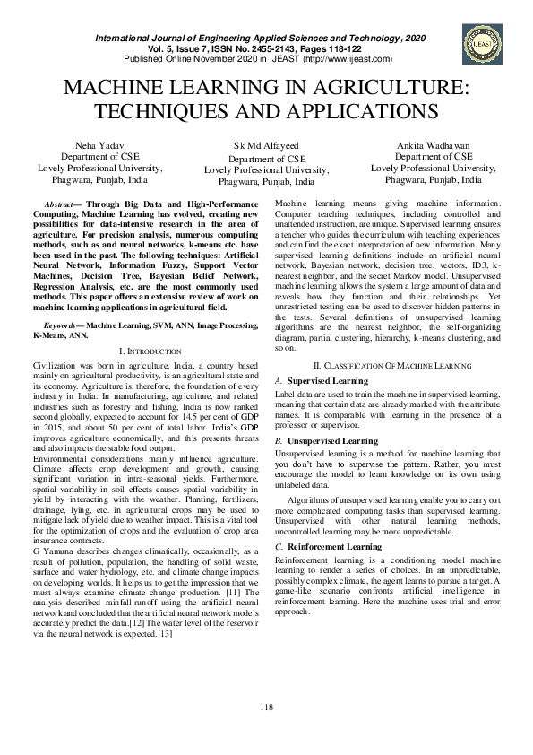 (PDF) Machine Learning in Agriculture: Techniques and Applications