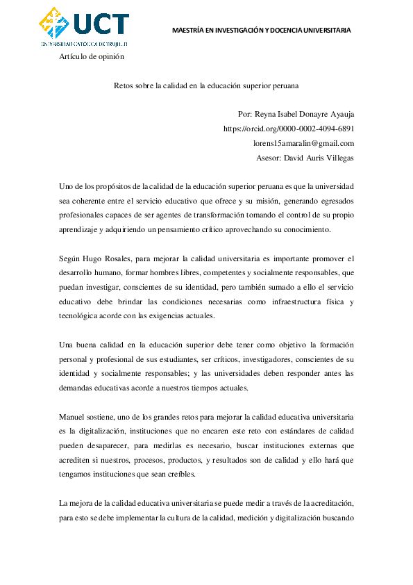 (PDF) Artículo de opinión Retos sobre la calidad en la educación superior peruana REYNA