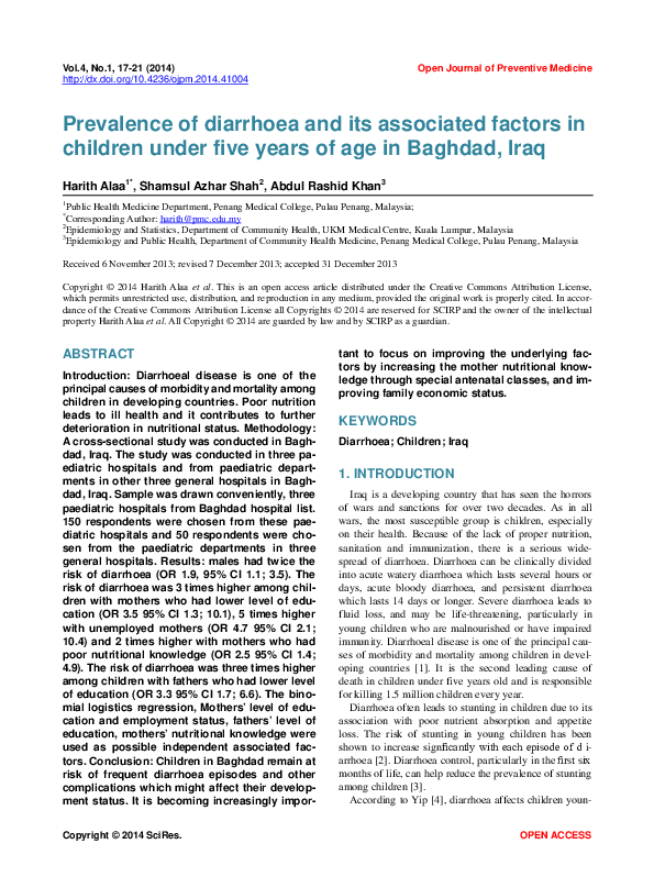 (PDF) Prevalence of diarrhoea and its associated factors in children ...