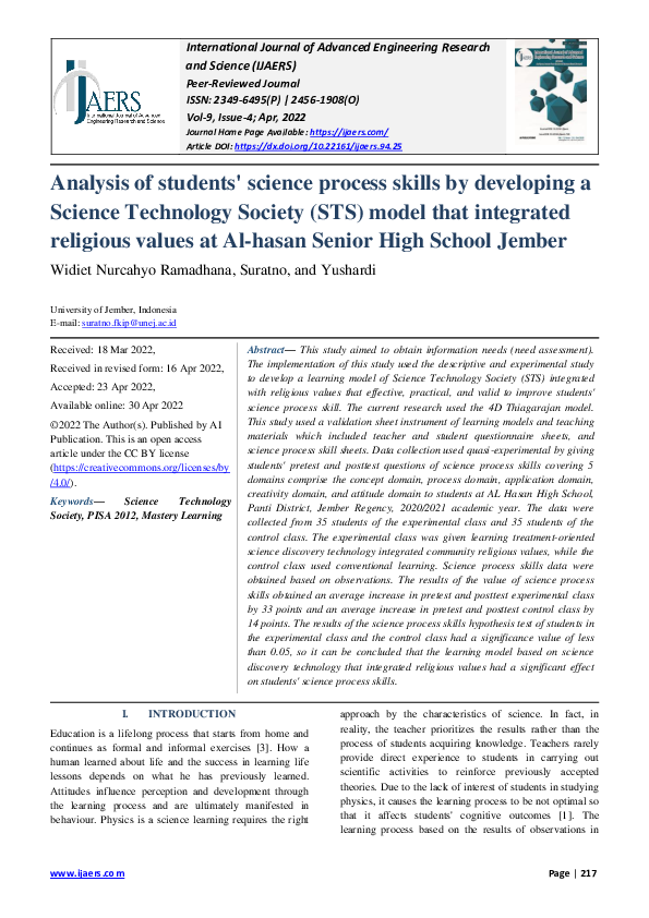 (PDF) Analysis of students' science process skills by developing a ...