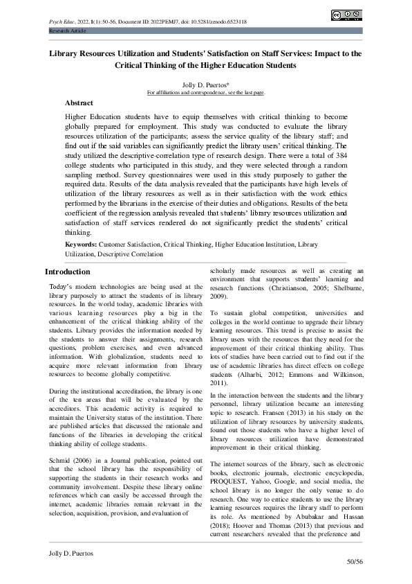 (PDF) Library Resources Utilization and Students’ Satisfaction on Staff ...