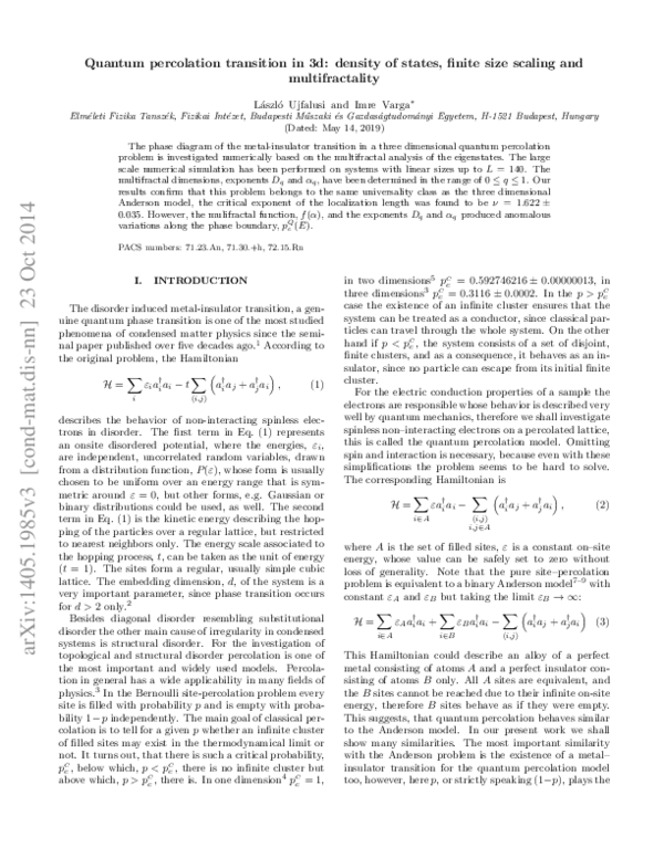 (PDF) Quantum percolation transition in 3d: density of states, finite ...