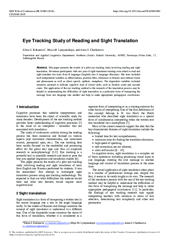 (PDF) Eye Tracking Study of Reading and Sight Translation