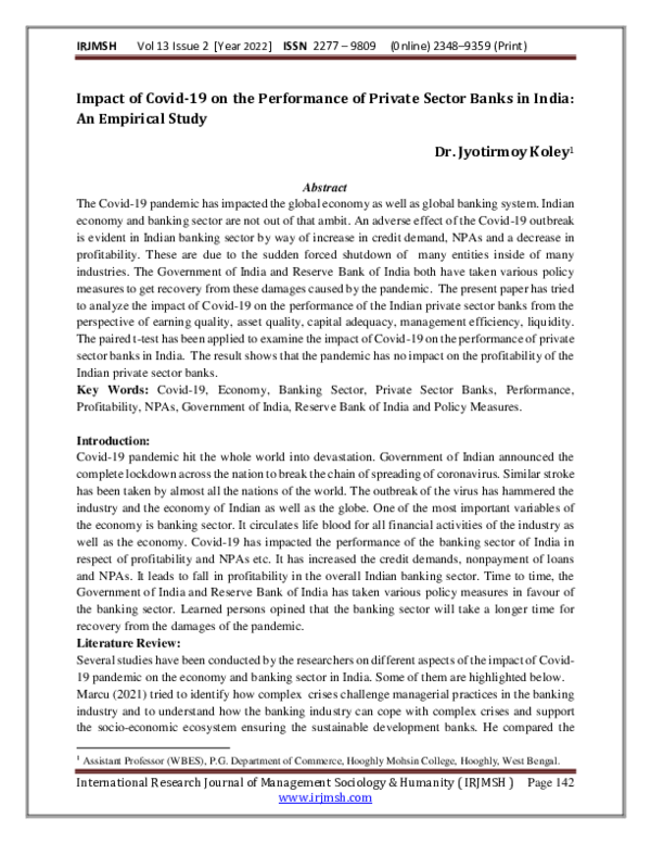 (PDF) Impact of Covid-19 on the Performance of Private Sector Banks in ...