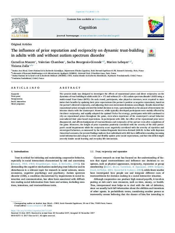 (PDF) The influence of prior reputation and reciprocity on dynamic ...