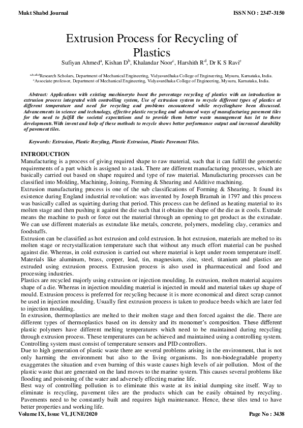 (PDF) Extrusion Process for Recycling of Plastics Sufiyan Ahmed