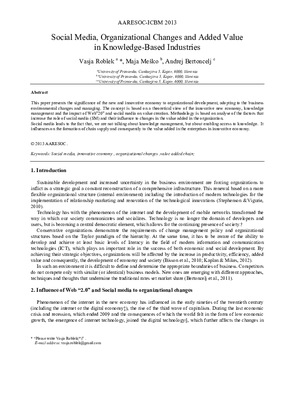 (PDF) Social Media, Organizational Changes and Added Value in Knowledge