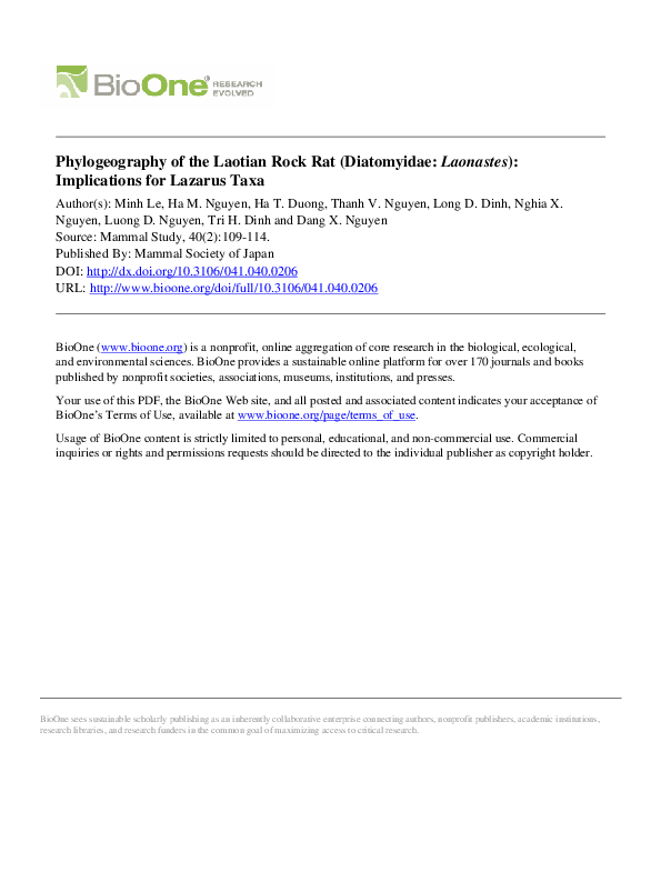 (PDF) Phylogeography of the Laotian Rock Rat (Diatomyidae:Laonastes ...