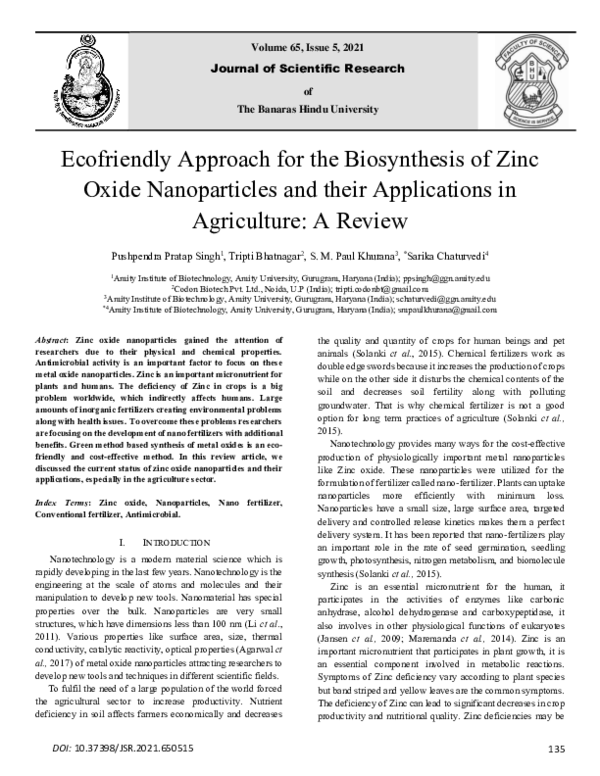 (PDF) Ecofriendly Approach for the Biosynthesis of Zinc Oxide ...