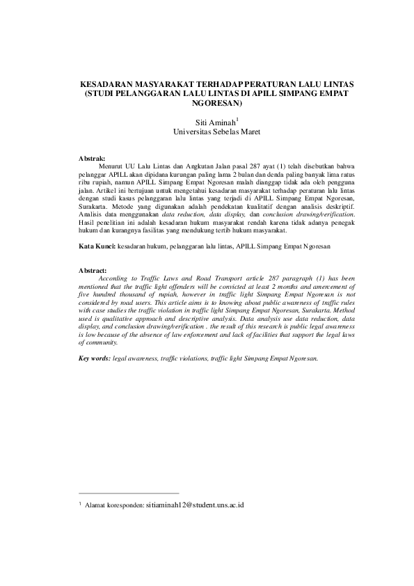 (PDF) Kesadaran Masyarakat Terhadap Peraturan Lalu Lintas (Studi