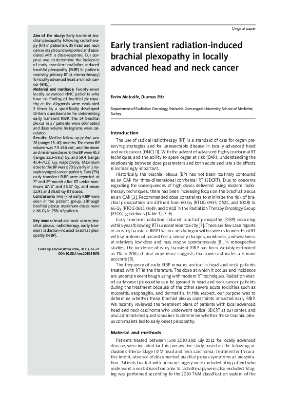 Early transient radiation-induced brachial plexopathy in locally advanced head and neck cancer