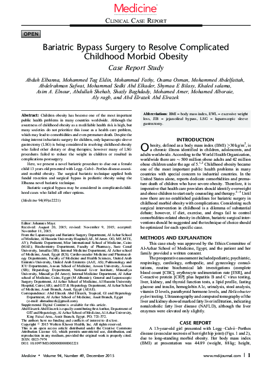 (PDF) Bariatric Bypass Surgery to Resolve Complicated Childhood Morbid ...