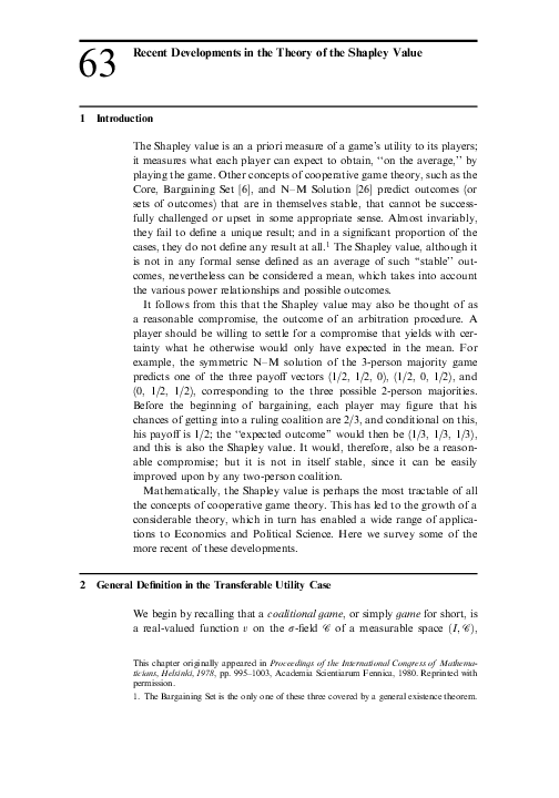 (PDF) Recent Developments in the Theory of the Shapley Value