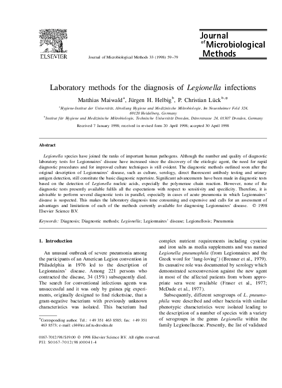 (PDF) Laboratory methods for the diagnosis of Legionella infections