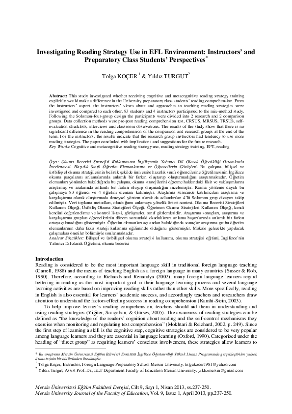 (PDF) Investigating Reading Strategy Use in EFL Environment ...